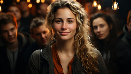 A group of young adults smiling, enjoying nightlife at a nightclub generated by AI