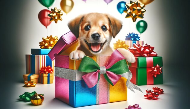 Joyful Puppy in Colorful Gift Box - Wide Screen Surprise