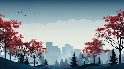 Cityscape with red trees and blue sky