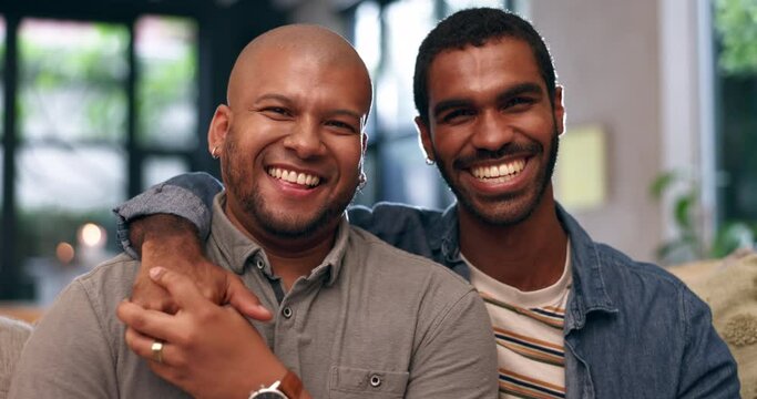 Home, gay couple and face with funny joke, smile and love with bonding and hug in a living room. Partner, men laugh and lgbt pride with marriage together in happy house with queer romance and care