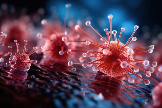 Red and blue virus particles on a dark background