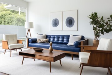 Blue leather sofa in a living room