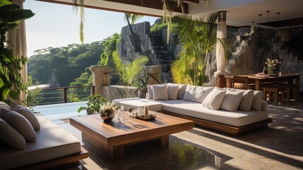 Modern luxury villa living room with stunning ocean views - obrazy, fototapety, plakaty
