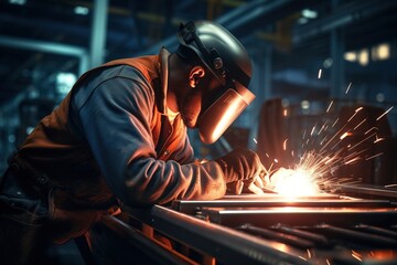 Black welder wearing protective gear welding metal in factory