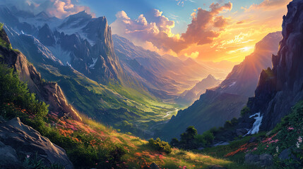 An illustration painting transports viewers to a mountainous paradise, where the sun bids farewell