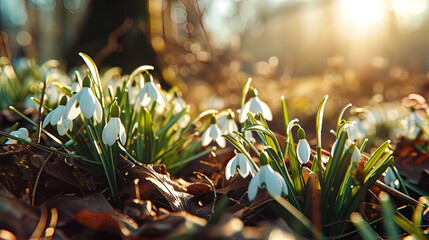 A beautiful sight unfolds as white snowdrop flowers bask in the sunlight, creating a serene outdoo