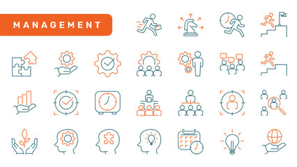 Management two color line icons set. Two color line Business management icon collections.