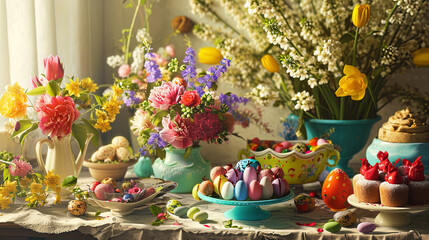 Fototapeta premium A charming Easter tableau displaying a table covered in flowers, scrumptious cakes, and a collecti