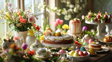 A festive Easter table adorned with flowers, cakes, and colorful Easter eggs