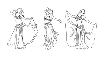 Line art belly dance womans set. Dance vector collection.