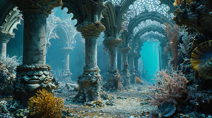 A majestic underwater castle captivates with arches constructed from an array of exquisite and enc - obrazy, fototapety, plakaty