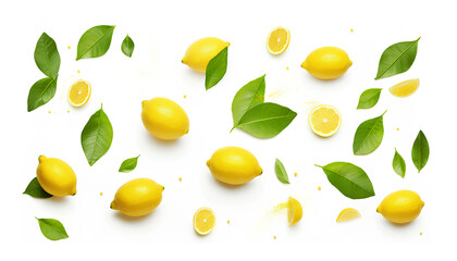 Set of fresh raw whole and sliced lemons, green leaves on the white background.
