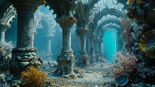 A majestic underwater castle captivates with arches constructed from an array of exquisite and enc