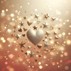 Blurred Background with Small Gold Stars and Hearts Elements Festive