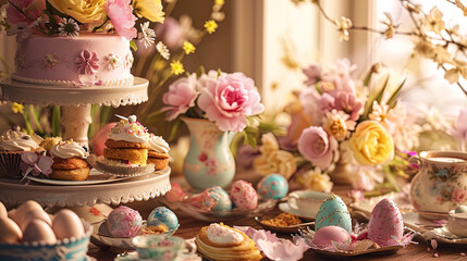 A picturesque Easter table presentation featuring flowers, delectable cakes, and an abundance of E - obrazy, fototapety, plakaty