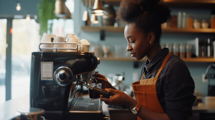 Young black female barista worker making coffee, supporting small business during the cost of living and inflation crisis concept - obrazy, fototapety, plakaty