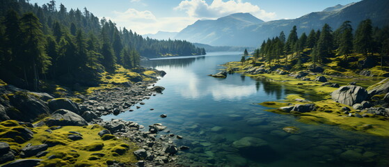 mountain lake landscape with green hills and blue sky