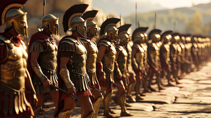A spectacle of strength and order emerges as Spartans, donned in gleaming armor, march in an awein - obrazy, fototapety, plakaty