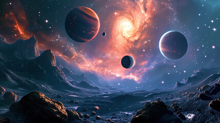A space landscape unfolds with planets and stars scattered across the cosmic expanse