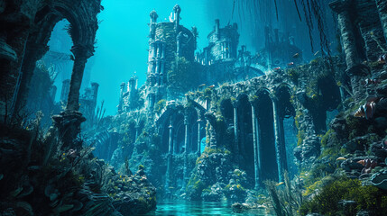 A submerged castle stands proudly in the underwater kingdom, adorned with arches crafted from deli