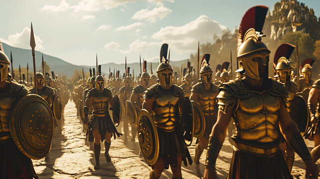 A spectacle of strength and order emerges as Spartans, donned in gleaming armor, march in an awein