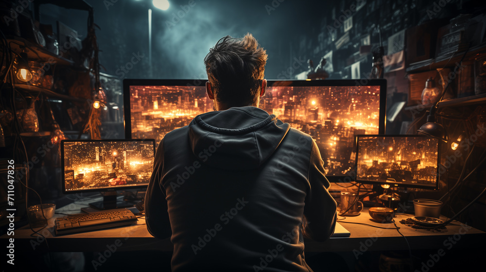 Wall mural hacker working alone, hacking corporate data servers from his underground hideout