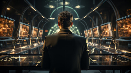 A man dressed in a suit in a spaceship, a glass room filled with the most advanced technology
