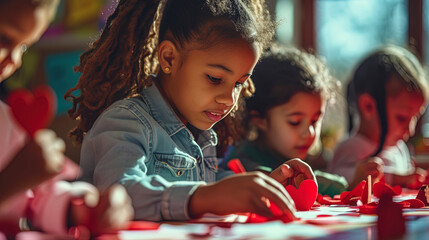 Celebrating diversity, school kids engage in a collaborative effort, crafting DIY Valentine's card