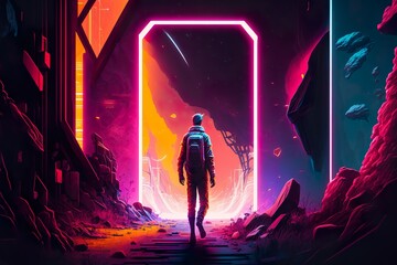 An astronaut approaches a glowing neon portal amidst a desolate, otherworldly landscape, poised on the brink of an enigmatic voyage.