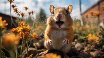 Surprised chipmunk in a field of orange flowers