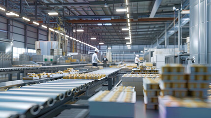Fototapeta premium Employees efficiently collect and bundle energy bars as they move along the production line