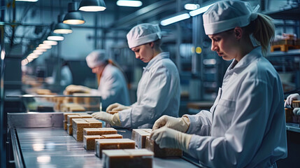 Employees gather and package energy bars along the assembly line - obrazy, fototapety, plakaty