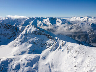 Fototapeta na wymiar Aerial Winter view of Rila mountain near Musala peak, Bulgaria
