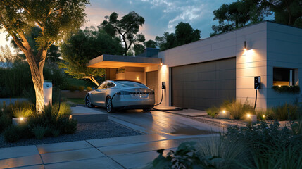 Obraz premium Explore the practicality and simplicity of electric car charging at home through this evocative im