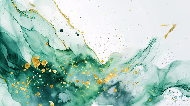 Explore the captivating combination of pastel light green ink watercolor and glistening gold splas