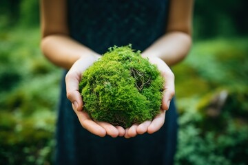 woman holding a handful of bright green moss - obrazy, fototapety, plakaty
