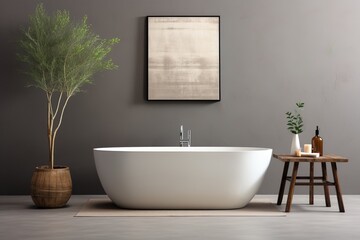 A modern bathroom with a large bathtub, a plant, and a stool