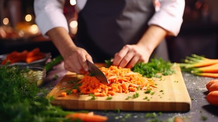 Closeup of a celebrity chefs precise knife skills as they julienne carrots for a live streamed cooking tutorial. - obrazy, fototapety, plakaty