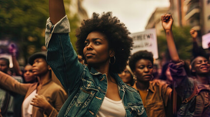 In a stirring moment of collective action, a black woman stands tall, leading a diverse group in a