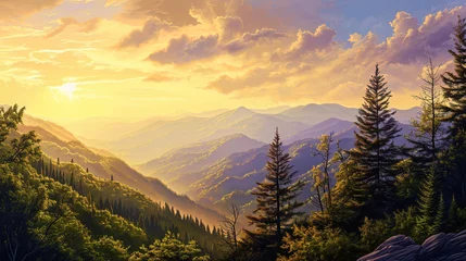 Tuinposter In this illustration painting, the mountains are bathed in the soft glow of a setting sun, creatin © JVLMediaUHD