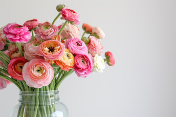 Spring multi-colored ranunculus flowers, big bunch in glass vase against white wall at home