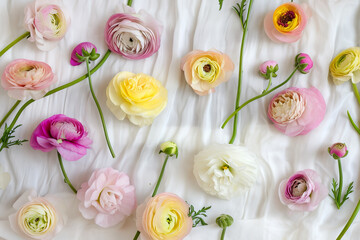 Spring multi-colored ranunculus flowers over white cotton fabric