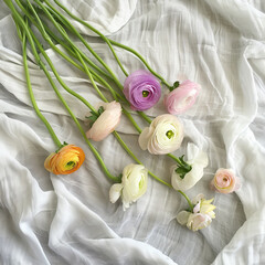 Spring multi-colored ranunculus flowers over white cotton fabric