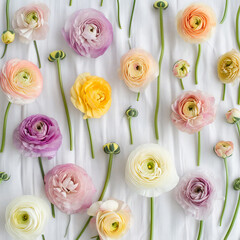 Spring multi-colored ranunculus flowers over white cotton fabric