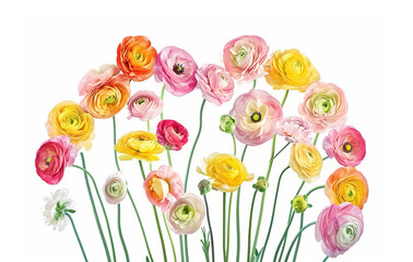 Spring multi-colored ranunculus flowers over white background. Minimalistic floral illustration.