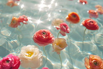 Spring multi-colored ranunculus flowers floating on surface of blue water. Vintage dreamy moody effect with sun flares.