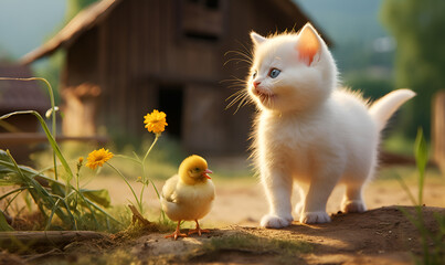 A cute kitten and chicken on the farm.