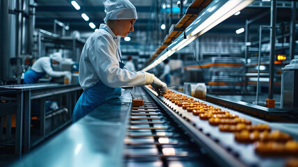 On the assembly line, employees engage in the collection and packaging of energy bars - obrazy, fototapety, plakaty