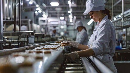 On the assembly line, workers engage in the collection and packaging of energy bars - obrazy, fototapety, plakaty