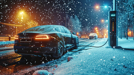 Snowflakes gently fall around an electric car parked at a charging station, encapsulating the coex